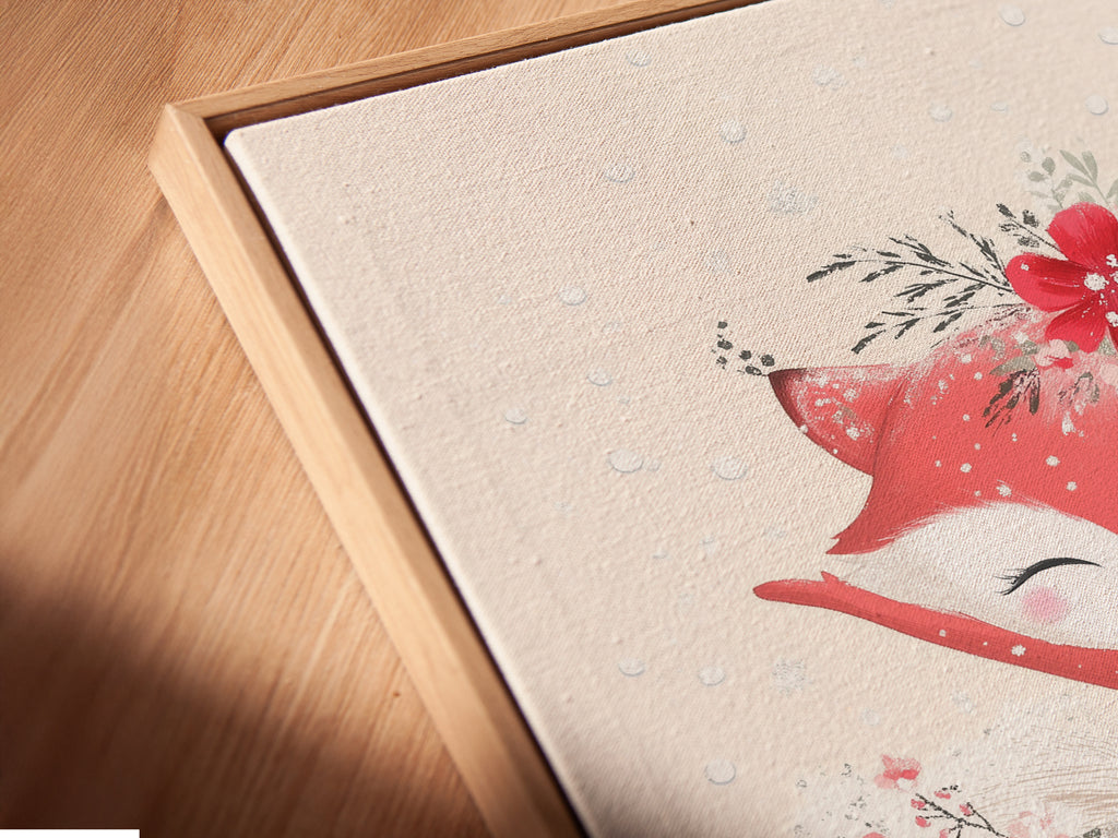 A close-up angled view showcases a canvas print of a fox ballerina in a floating frame. This cute animal artwork enhances nursery wall decor with a modern touch. The floral ballet poster is perfect for creating a whimsical and stylish environment in a nursery or kid's room.