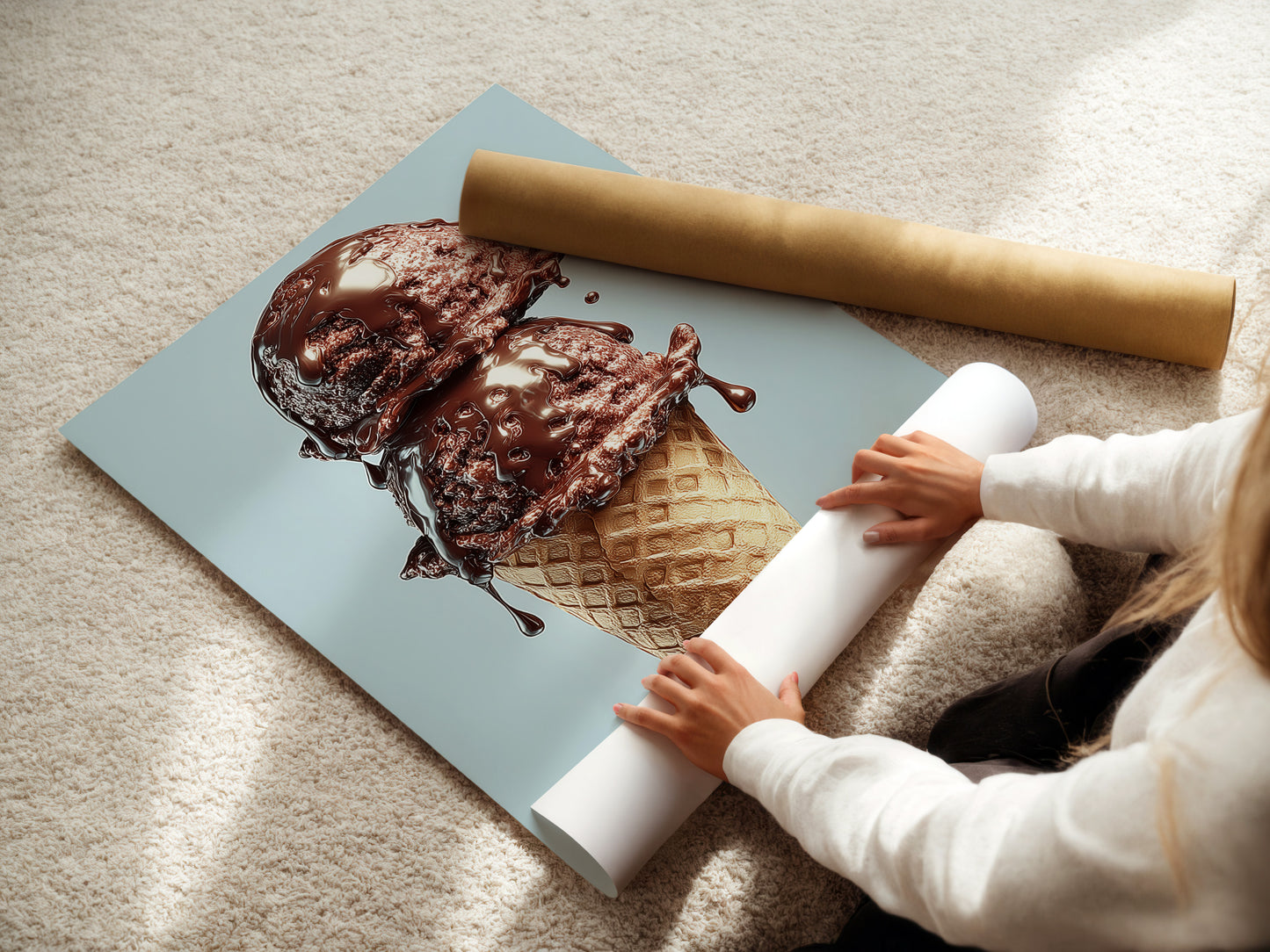A woman is carefully rolling a fine art poster paper. High-quality materials ensure a perfect print every time. This poster paper is ideal for vibrant and detailed artwork. Get your favorite artwork printed on this premium paper for exceptional results.