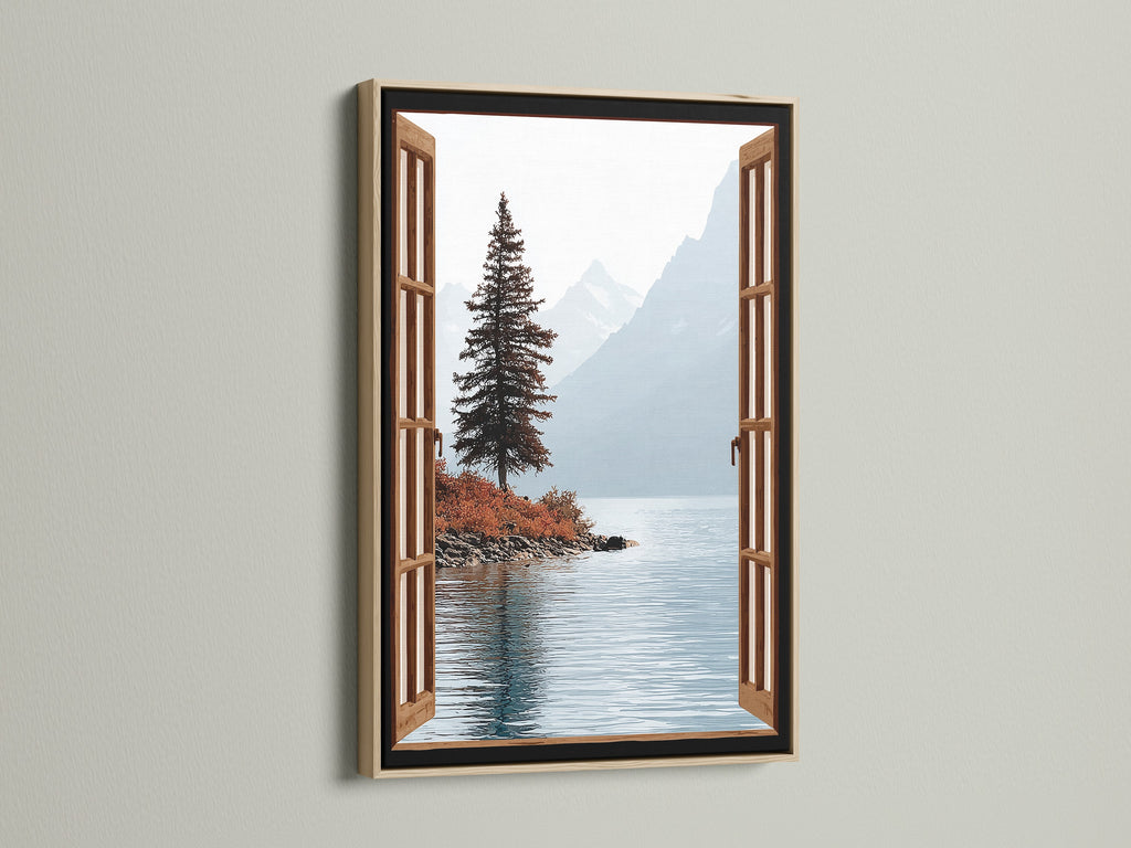 This is a mountain lake canvas print in an oak frame. It's a beautiful nature view poster perfect for a study room. The serene landscape artwork adds a touch of peace. It's ideal for creating a relaxing atmosphere.