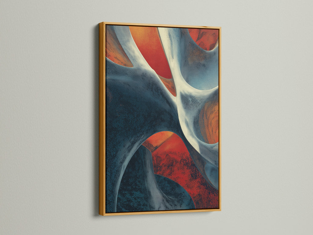 Abstract artwork in a gold frame is displayed. The gold frame adds a touch of luxury and elegance. The artwork features a beautiful color palette. This framed piece enhances any interior with its sophisticated style.