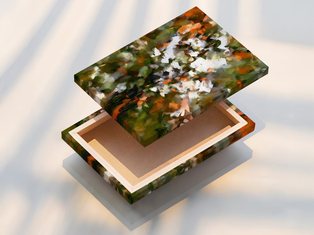 This stretched canvas print showcases abstract floral art. The artwork features orange green and white brushstrokes. The stretched canvas provides a gallery-ready look. Perfect for living rooms bedrooms or hallways. Add a touch of modern art to your home.