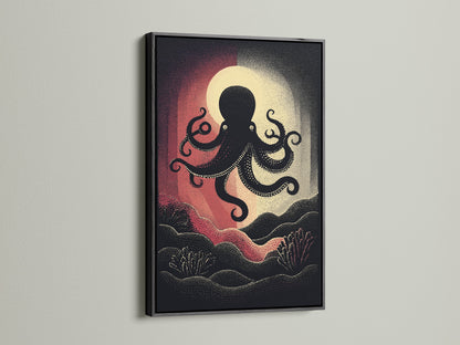 The octopus artwork is framed with a black frame. The black frame adds a modern touch to the nautical wall art. The vintage sea creature artwork looks bold and sophisticated. Perfect for eclectic and contemporary spaces. The ocean canvas art stands out.