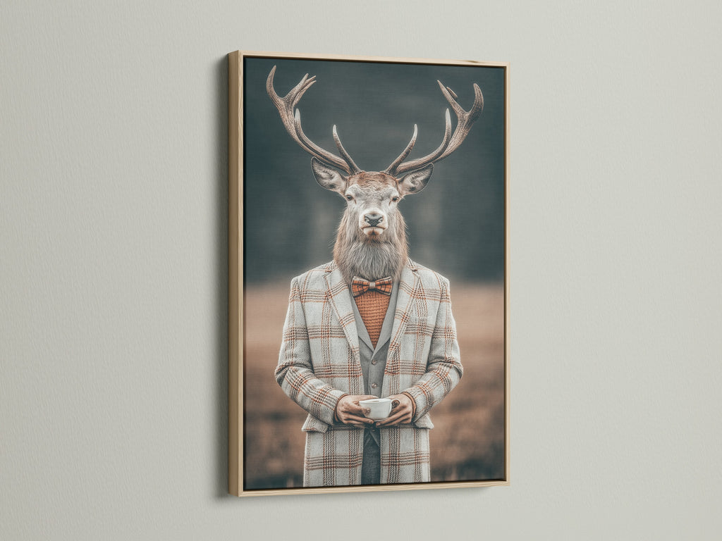 Gentleman Deer art displayed in an oak frame. The animal portrait art captures vintage charm. It is ideal for quirky office decor. This anthropomorphic artwork blends seamlessly with rustic and primitive styles. Add a touch of whimsy to your wall art collection.