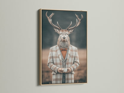 Gentleman Deer art displayed in an oak frame. The animal portrait art captures vintage charm. It is ideal for quirky office decor. This anthropomorphic artwork blends seamlessly with rustic and primitive styles. Add a touch of whimsy to your wall art collection.