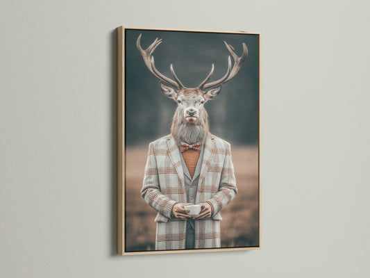 Gentleman Deer art displayed in an oak frame. The animal portrait art captures vintage charm. It is ideal for quirky office decor. This anthropomorphic artwork blends seamlessly with rustic and primitive styles. Add a touch of whimsy to your wall art collection.