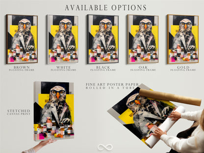 Explore available options for the owl scientist artwork. Options include stretched canvas print fine art poster and floating frame. Customize your artwork to fit your style. Perfect for contemporary wildlife art in any space. Choose the best option for your office study or home.