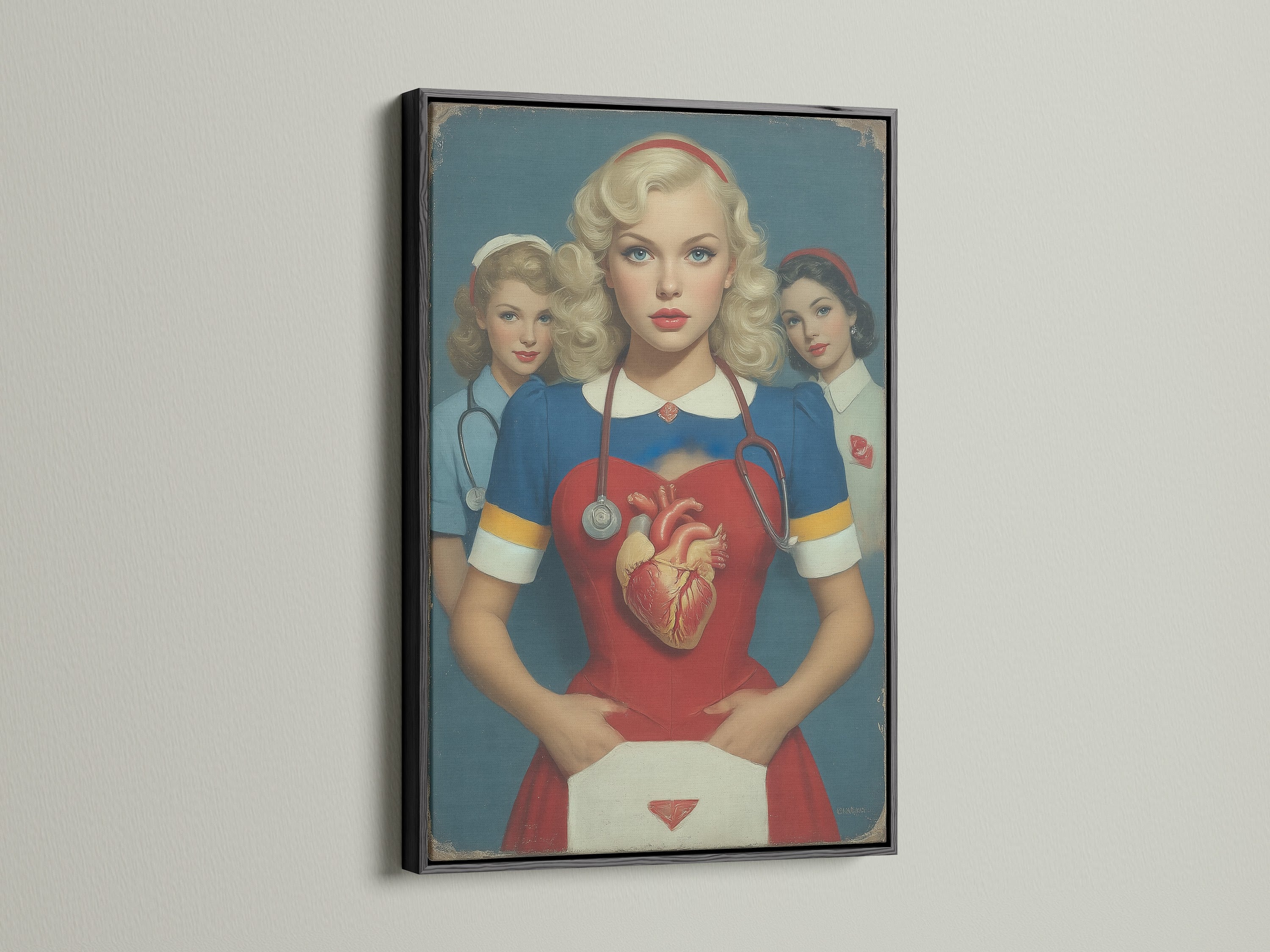 Vintage nurse artwork with an anatomical heart in a black frame. The bold black frame makes the artwork pop. Perfect for adding a touch of vintage medical charm to any space.