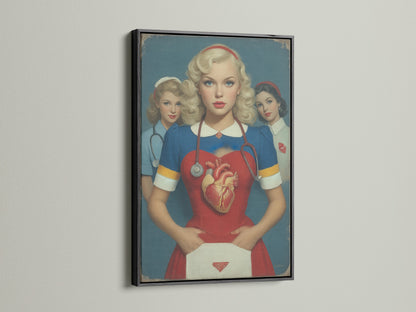 Vintage nurse artwork with an anatomical heart in a black frame. The bold black frame makes the artwork pop. Perfect for adding a touch of vintage medical charm to any space.