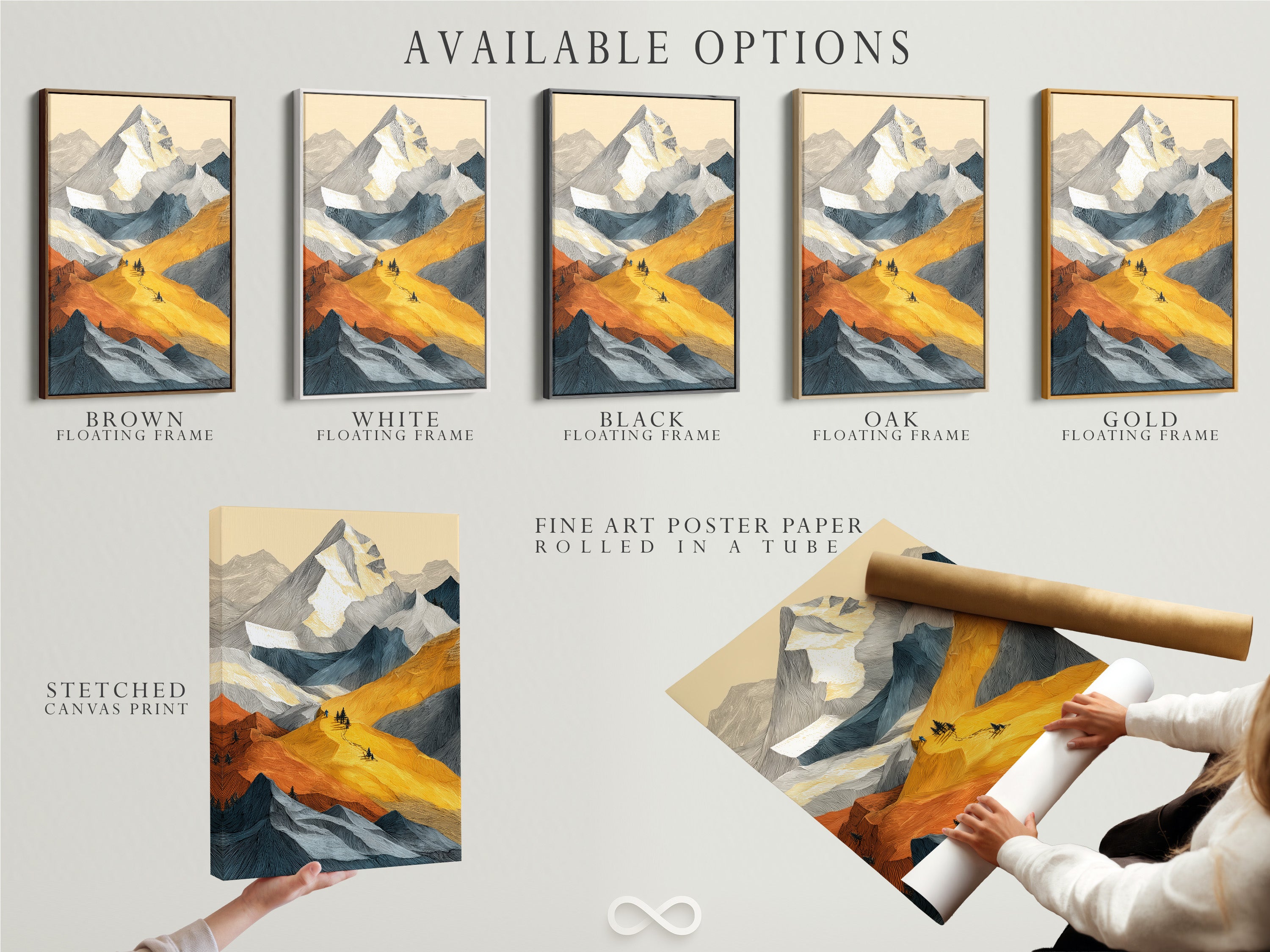 Available options for mountain landscape artwork are displayed. Choose between a stretched canvas print fine art poster paper or a floating frame. Alpine peaks and golden autumn colors make a modern nature print. Perfect for any decor style.