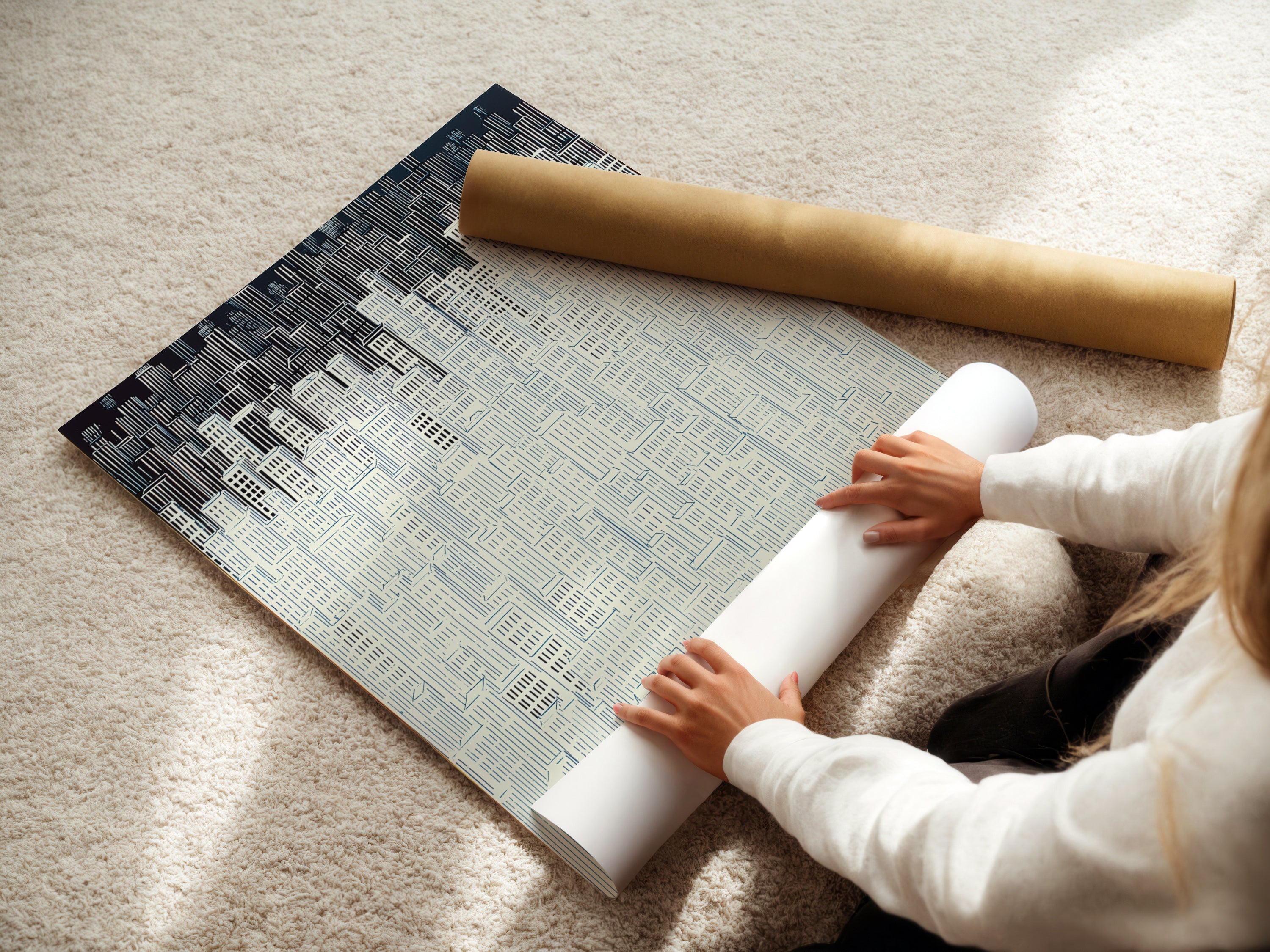 A woman carefully rolls a fine art poster paper. The poster paper is high-quality. Ideal for creating stunning artwork prints. This cityscape artwork will soon be ready to adorn your walls. Add a touch of modern elegance to your space.