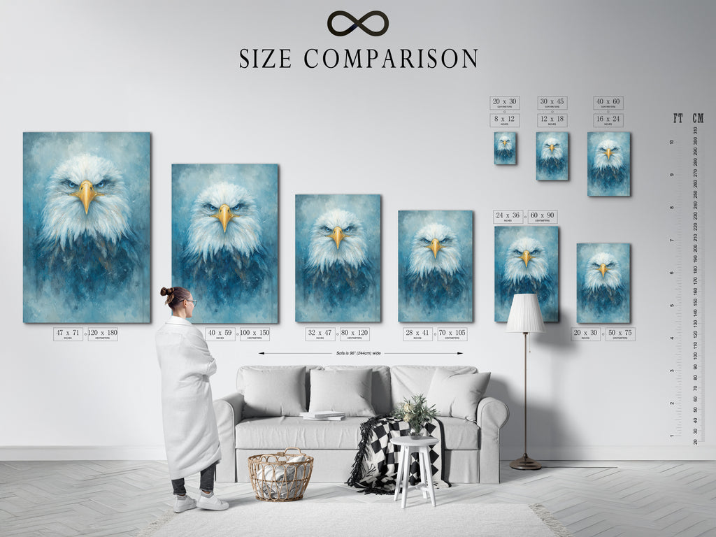 A size comparison chart is displayed in an interior setting. It shows various dimensions for the eagle artwork. Options include stretched canvas fine art poster and floating frame. Find the perfect size to enhance your office or living room with this majestic bird art.