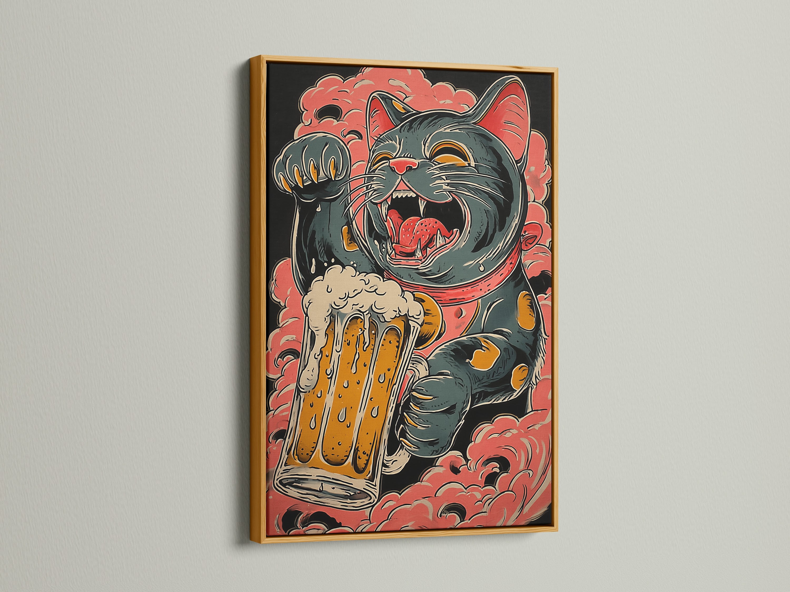 Artwork presented in a gold frame. The artwork features a cat holding a beer mug. Gold frames add a touch of luxury and sophistication. This is a great addition to your wall art.