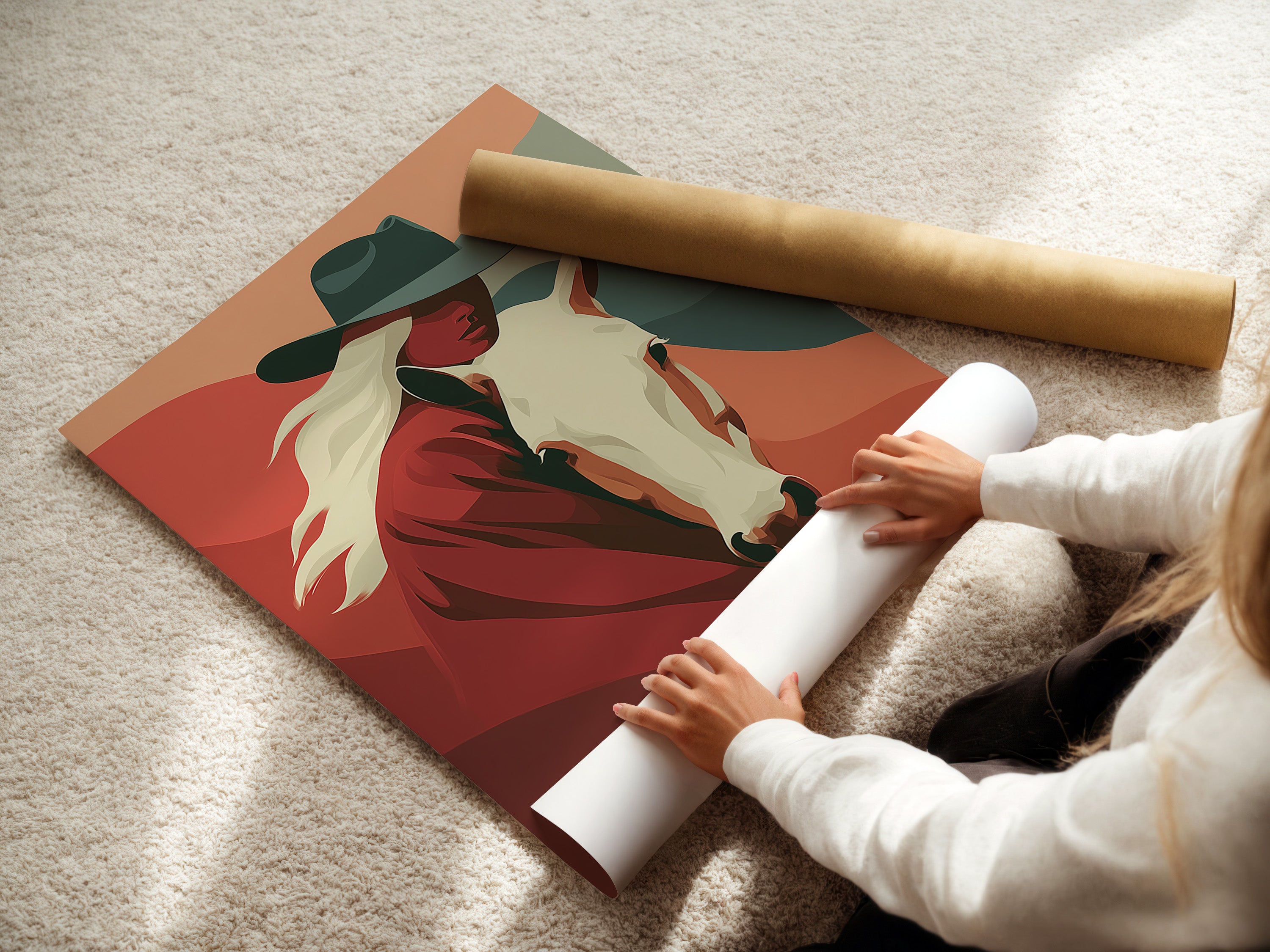 A woman is carefully rolling fine art poster paper. She is ensuring it stays pristine. High-quality poster paper is essential for art prints. The paper preserves colors. It also preserves details. Perfect for professional artwork presentation.