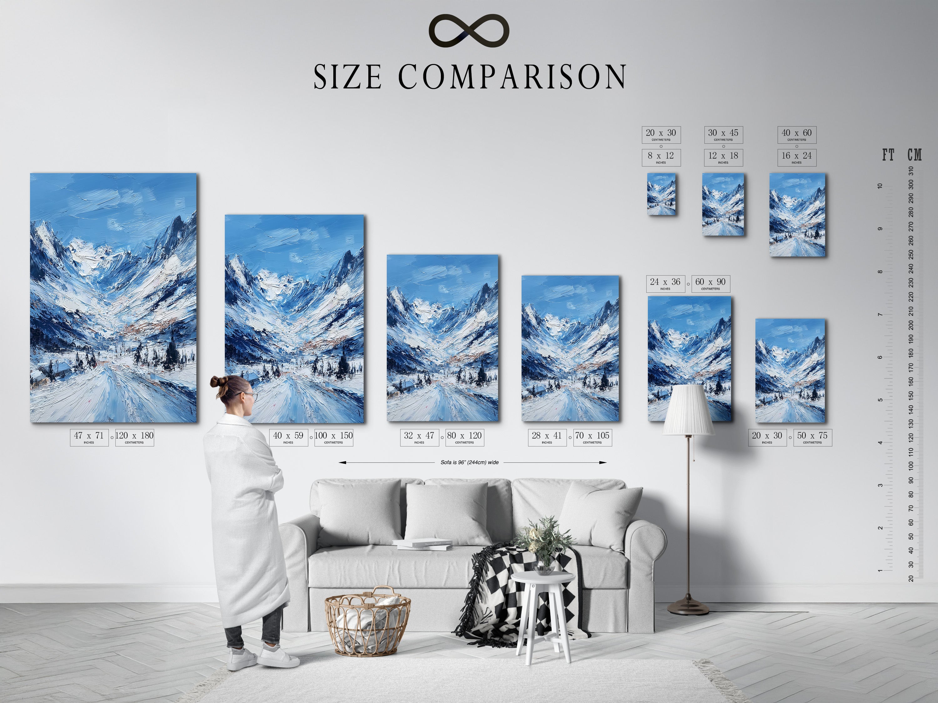 This is a size comparison chart in an interior setting. It helps visualize different artwork dimensions. The chart shows how art fits in a room. Compare sizes to find the perfect piece. Make informed decisions for your space. Choose art that complements your decor.