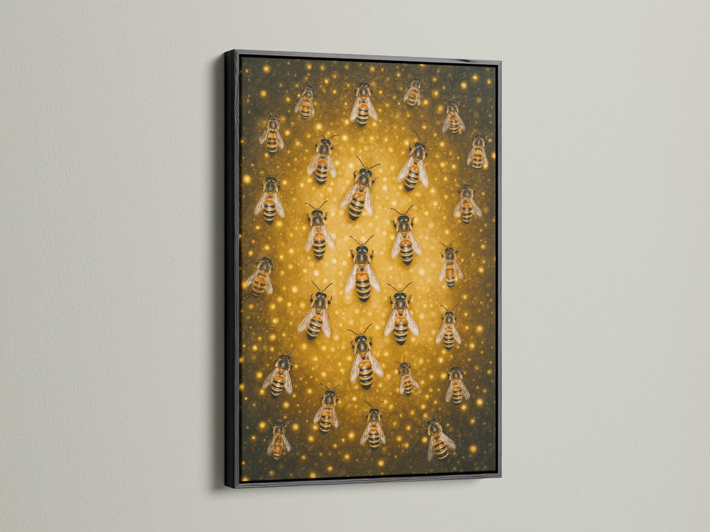 The Beehive Canvas Print is displayed in a black frame. The insect artwork adds a sophisticated touch. This golden decor suits modern or minimalist interiors. It's perfect for living rooms or offices. This artwork celebrates nature.