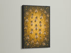 The Beehive Canvas Print is displayed in a black frame. The insect artwork adds a sophisticated touch. This golden decor suits modern or minimalist interiors. It's perfect for living rooms or offices. This artwork celebrates nature.