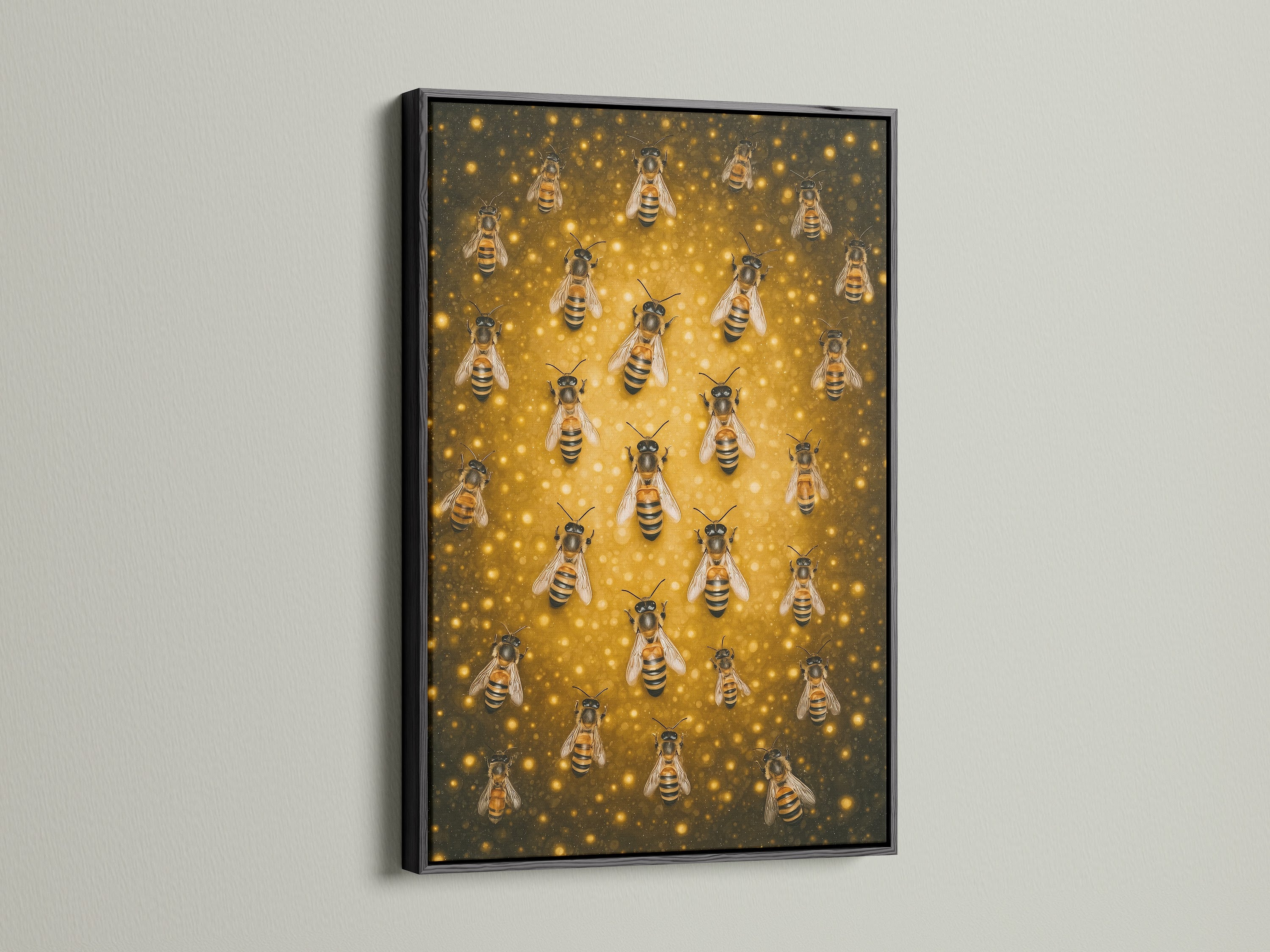 The Beehive Canvas Print is displayed in a black frame. The insect artwork adds a sophisticated touch. This golden decor suits modern or minimalist interiors. It's perfect for living rooms or offices. This artwork celebrates nature.