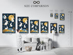 A size comparison chart is displayed in a room setting. This helps visualize how different art sizes fit your space. Choose the perfect dimensions for your walls. Plan your art layout effectively.