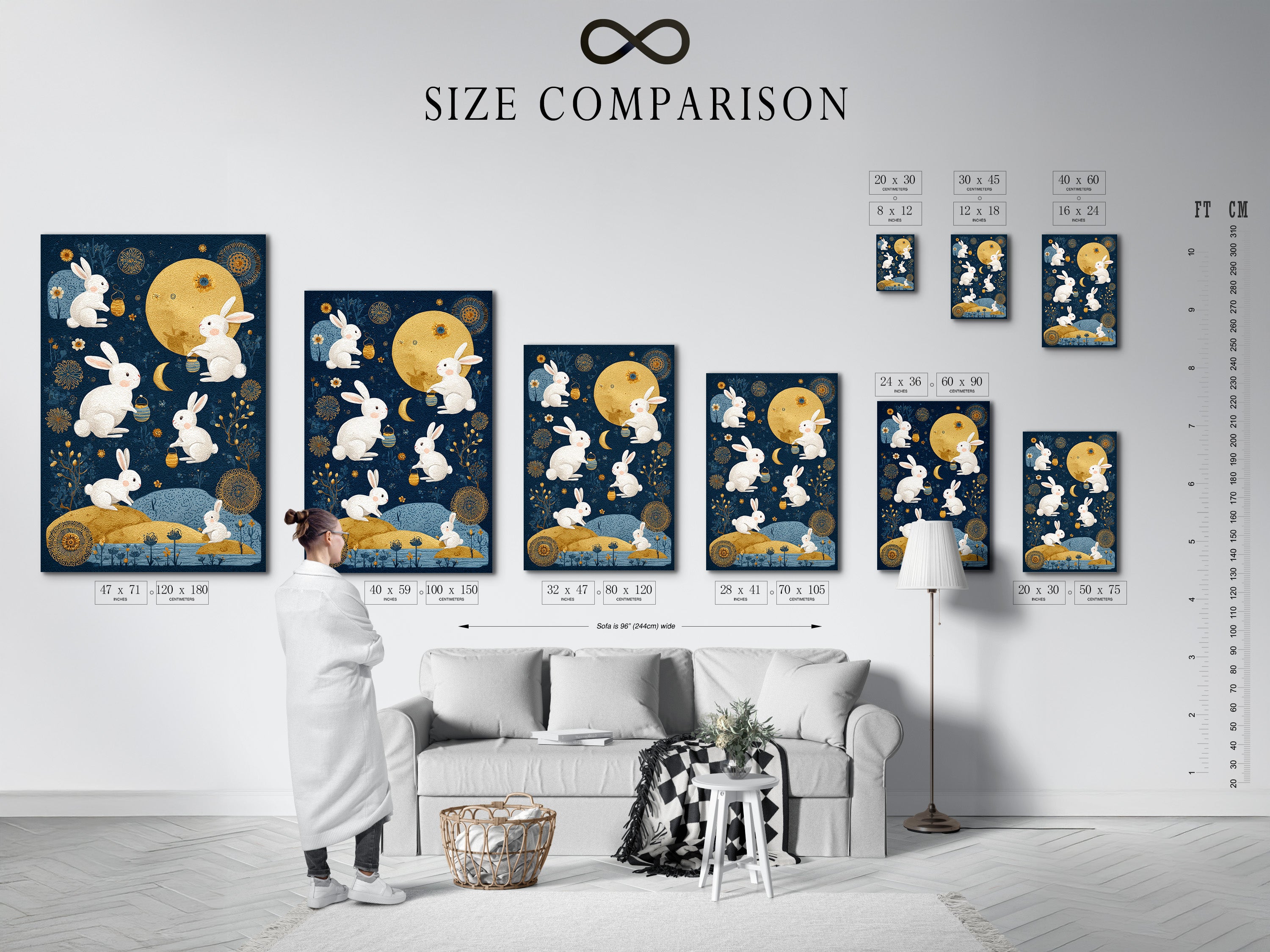 A size comparison chart is displayed in a room setting. This helps visualize how different art sizes fit your space. Choose the perfect dimensions for your walls. Plan your art layout effectively.