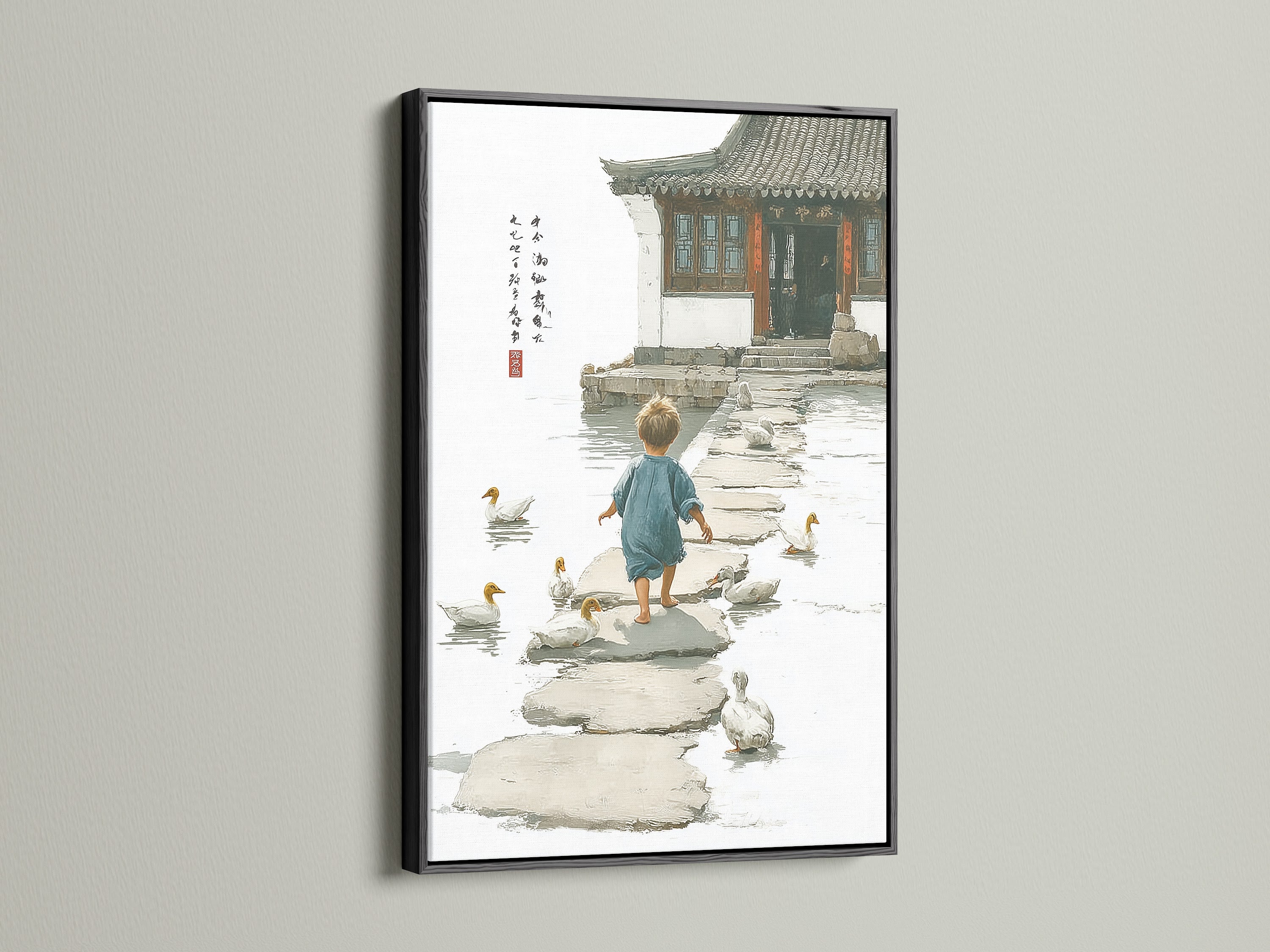 A sleek black frame showcases a striking artwork. The image depicts a child walking among ducks on stepping stones. The black frame adds a touch of drama and sophistication. This framed art makes a bold statement in any room. It enhances the artwork's visual impact.