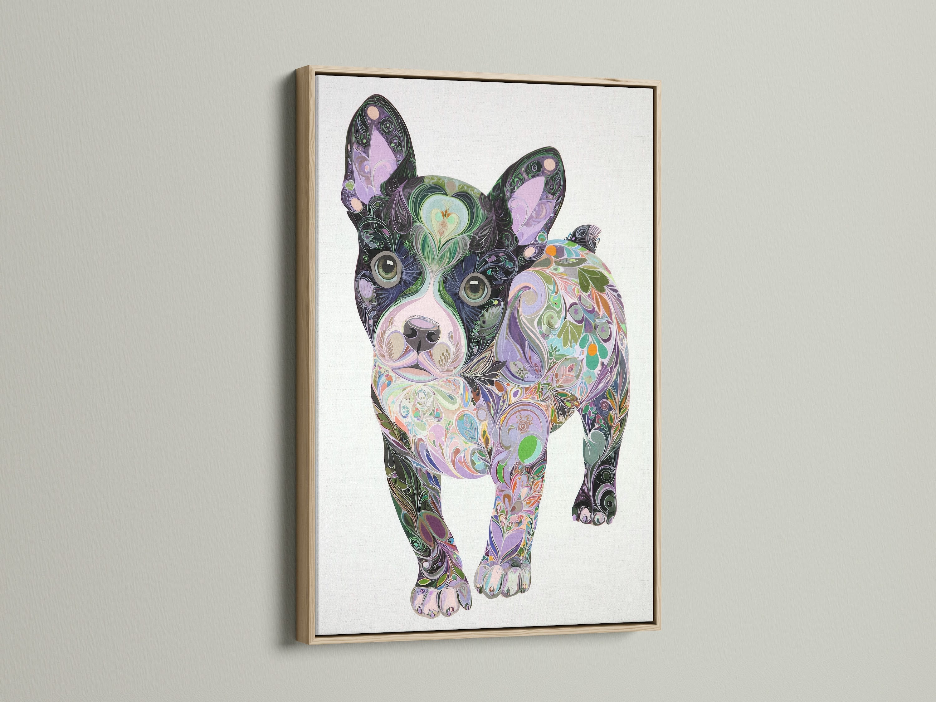 French Bulldog art in an oak floating frame. This colorful dog wall art features a psychedelic pet portrait. Perfect bedroom decor or a unique Frenchie art gift idea. View the oak frame now.
