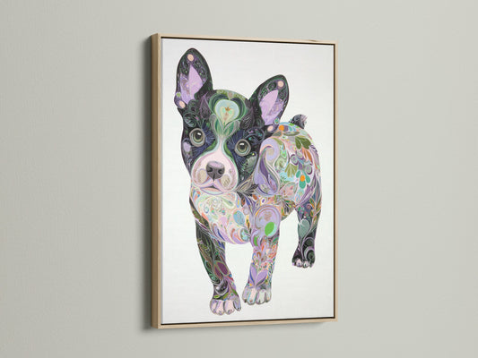 French Bulldog art in an oak floating frame. This colorful dog wall art features a psychedelic pet portrait. Perfect bedroom decor or a unique Frenchie art gift idea. View the oak frame now.