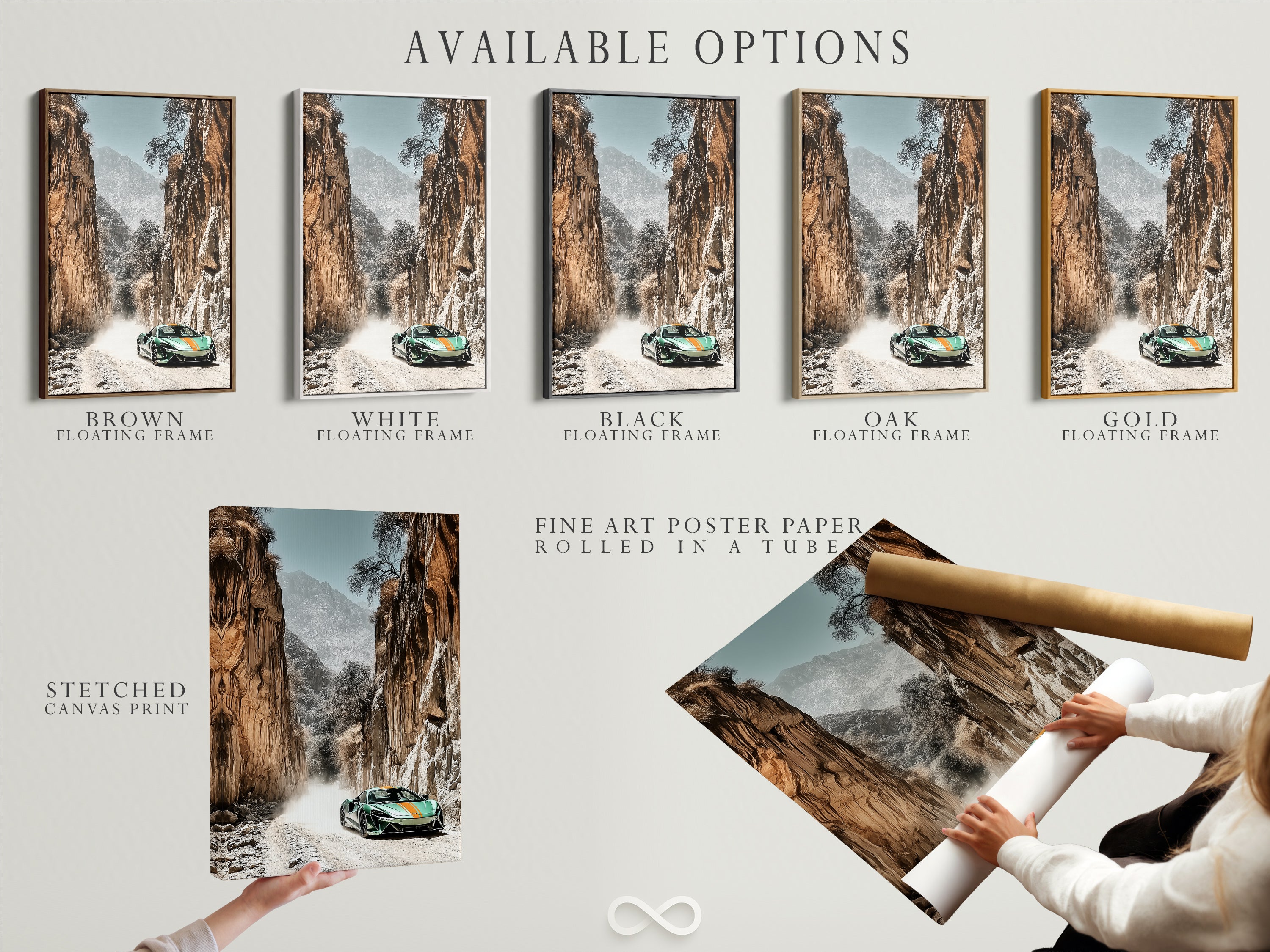 Available options for Sports Car Canyon Artwork including stretched canvas print fine art poster paper and floating frame. Choose the perfect format to display this modern automotive art. Ideal for car enthusiasts and contemporary spaces.