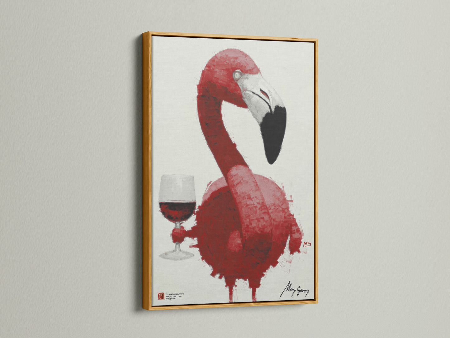 A pink flamingo wine art print is displayed in a gold frame. This artwork brings a touch of modern elegance to any room. Ideal for living rooms or dining rooms. This coral bird poster adds a whimsical yet stylish element to your home decor.