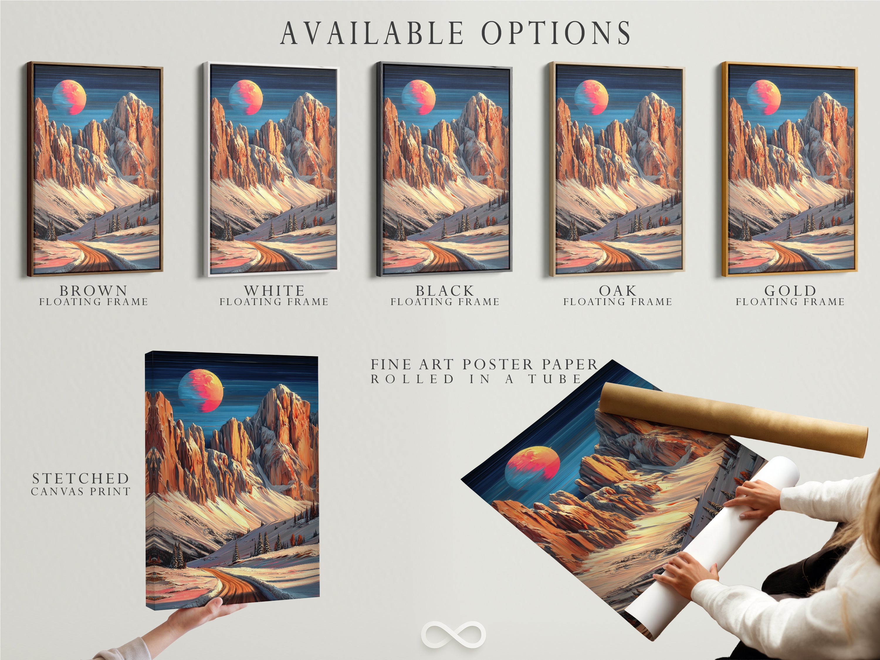 Explore available options for this stunning mountain moon artwork. Choose from a stretched canvas print a fine art poster paper or a floating frame. The winter landscape features calming peach and teal colors. Perfect for enhancing modern alpine or chalet-inspired spaces. Elevate your home decor today.