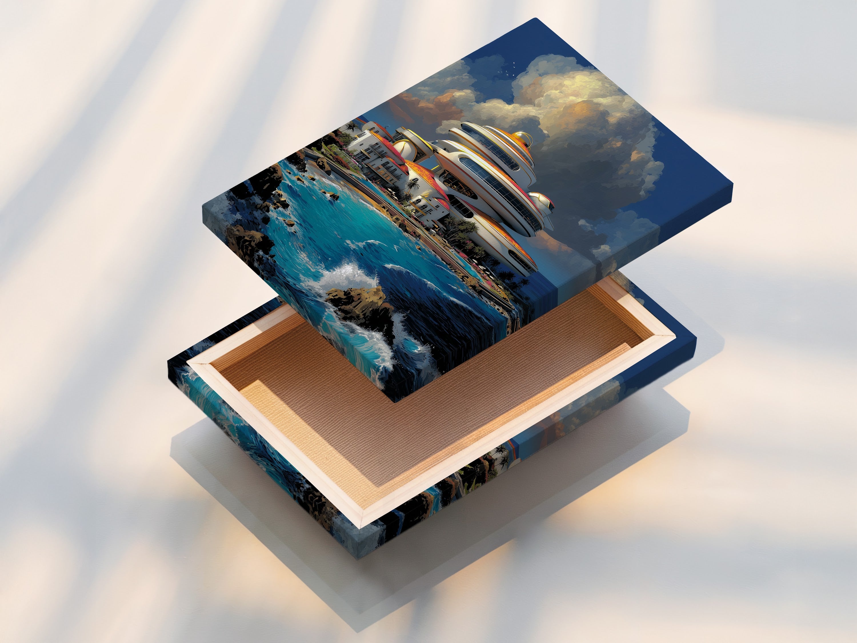 This is a stretched canvas print of Futuristic Architecture. The modern coastal art is ready to hang. Perfect for adding a sci-fi touch to your living room bedroom or office. This contemporary art piece enhances any modern minimalist or coastal style.