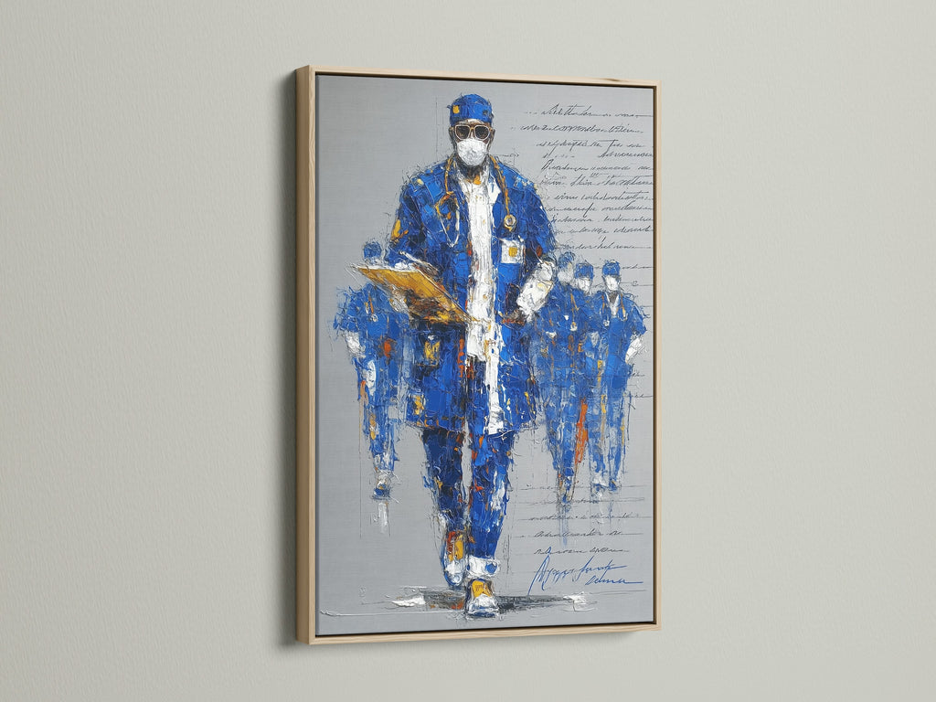 An oak frame displays a blue abstract portrait. This healthcare worker painting adds a touch of modern sophistication. Ideal for medical office decor or hospital wall decor. A meaningful doctor wall art choice.