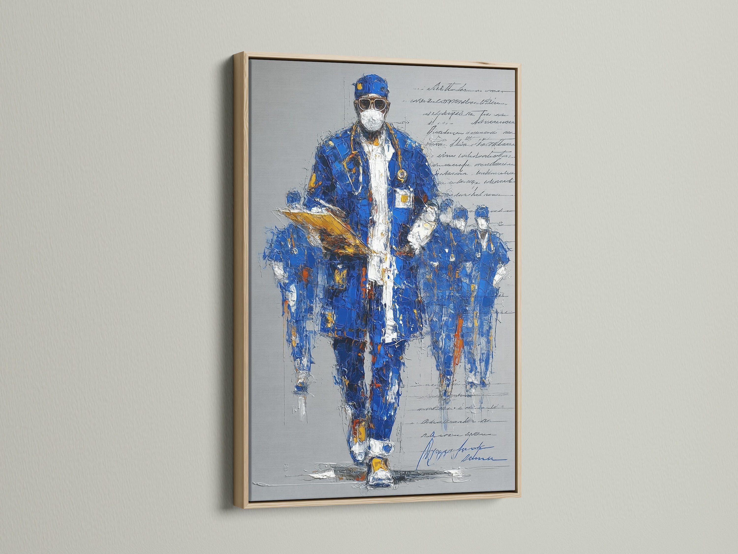 An oak frame displays a blue abstract portrait. This healthcare worker painting adds a touch of modern sophistication. Ideal for medical office decor or hospital wall decor. A meaningful doctor wall art choice.