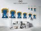 A size comparison chart in an interior setting displays the Surreal Clock Tree artwork. Visualize how this blue and gold decor fits in your space. The whimsical birds and clock face art make it a conversation starter. Ideal for a library or study.