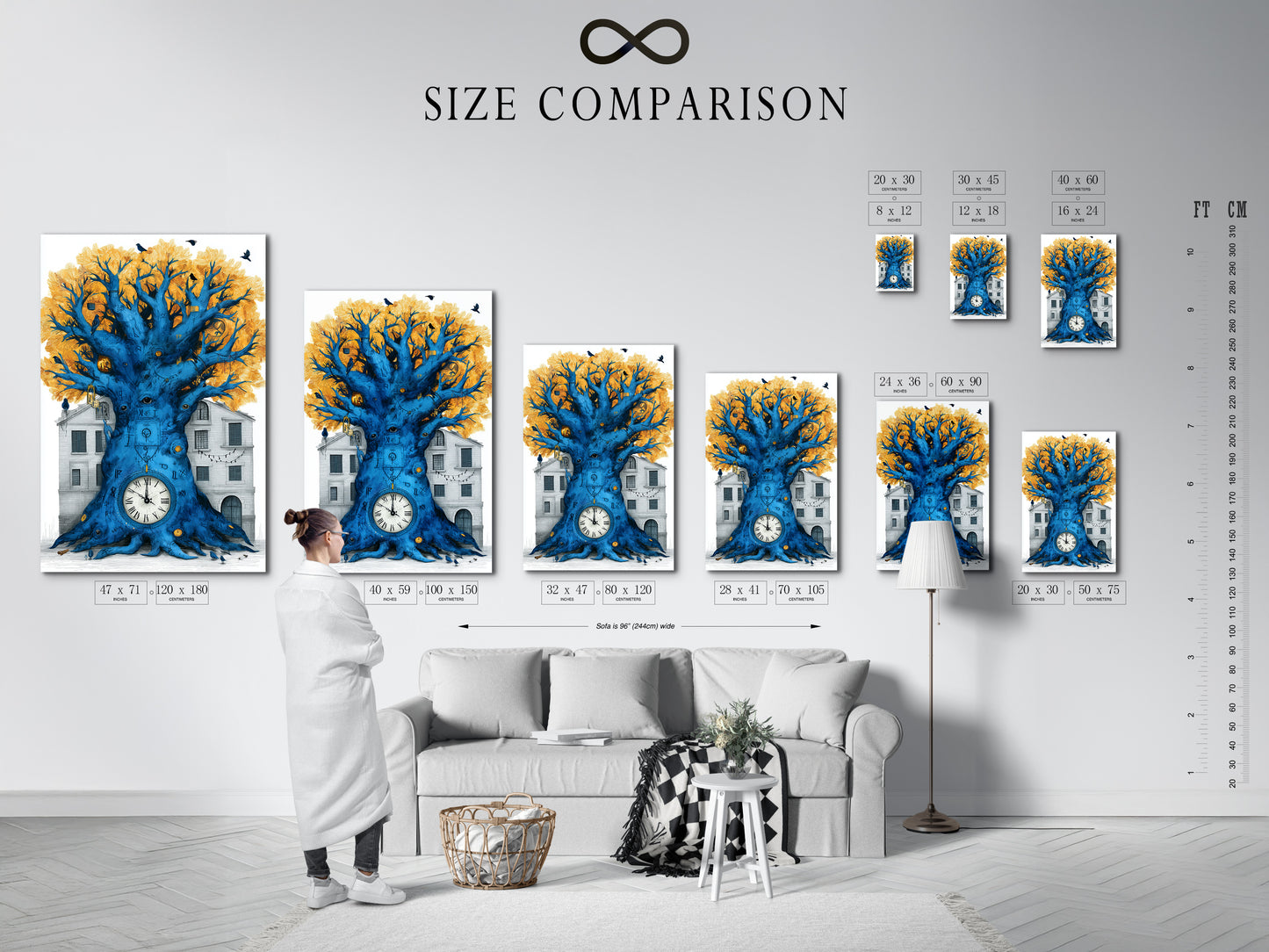 A size comparison chart in an interior setting displays the Surreal Clock Tree artwork. Visualize how this blue and gold decor fits in your space. The whimsical birds and clock face art make it a conversation starter. Ideal for a library or study.