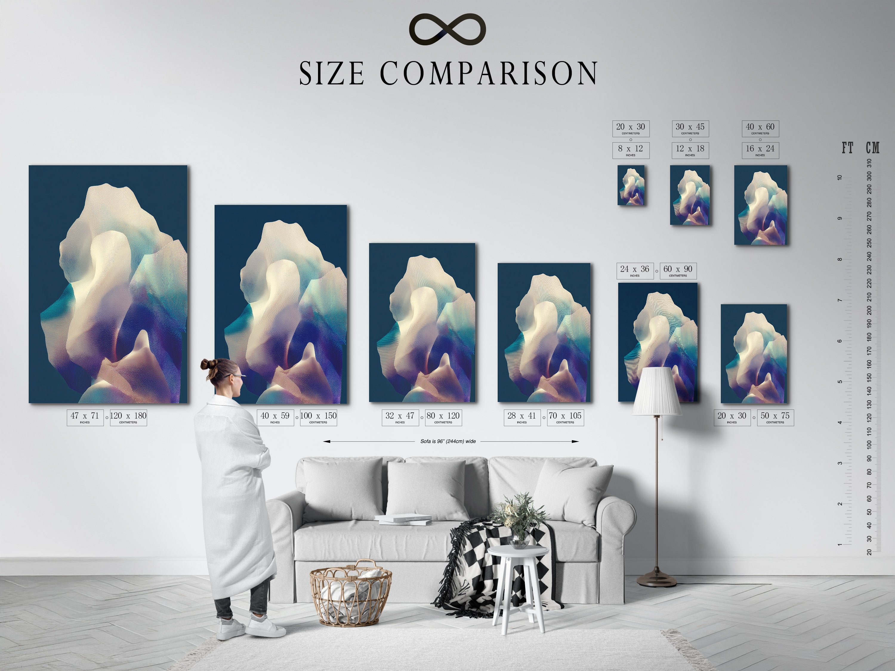 A size comparison chart is displayed in an interior setting. Visualize the perfect size for your space. This chart helps you choose the right dimensions. See how different sizes fit in a room. Make an informed decision for your artwork.
