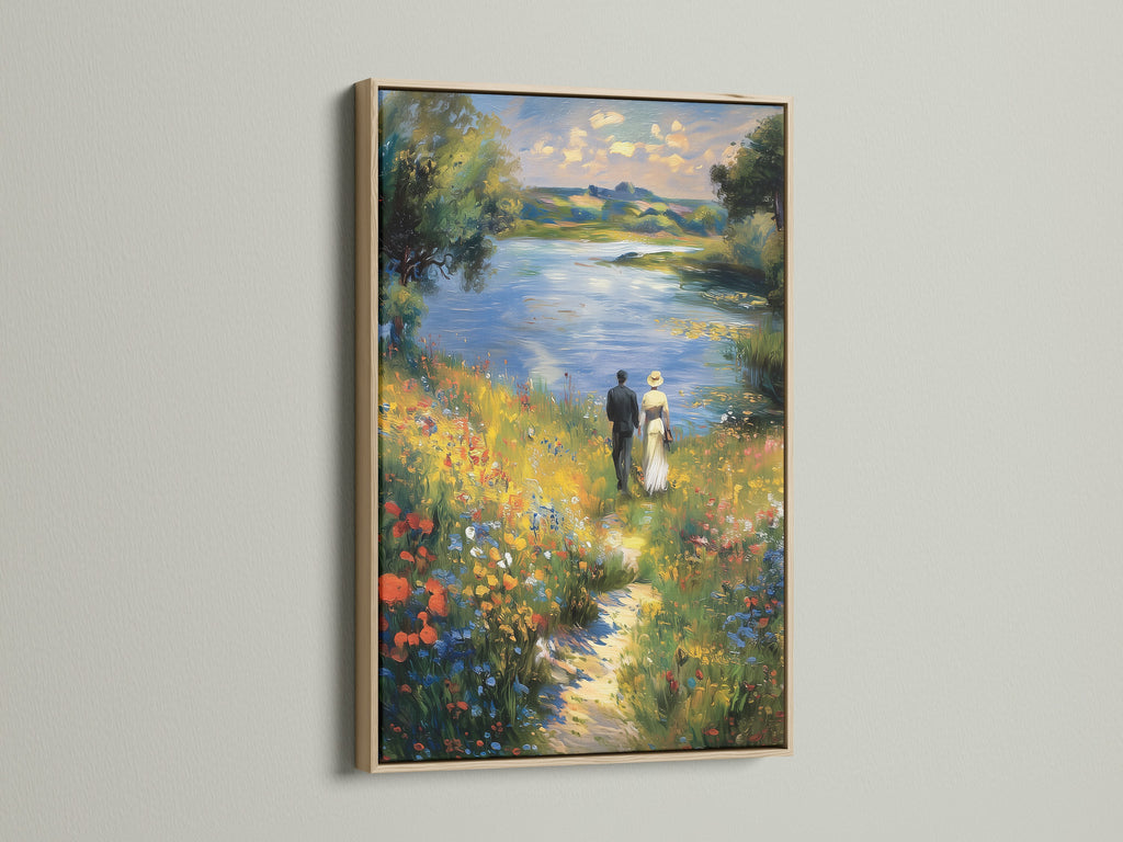 Artwork in an oak frame. The oak frame offers a natural touch. Perfect for artwork with warm tones. The frame enhances the artwork's beauty. A classic choice for many art styles.