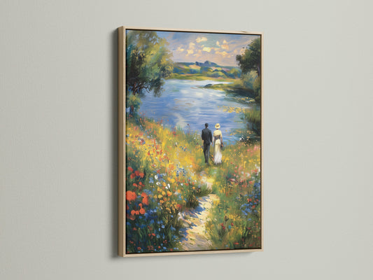 Artwork in an oak frame. The oak frame offers a natural touch. Perfect for artwork with warm tones. The frame enhances the artwork's beauty. A classic choice for many art styles.