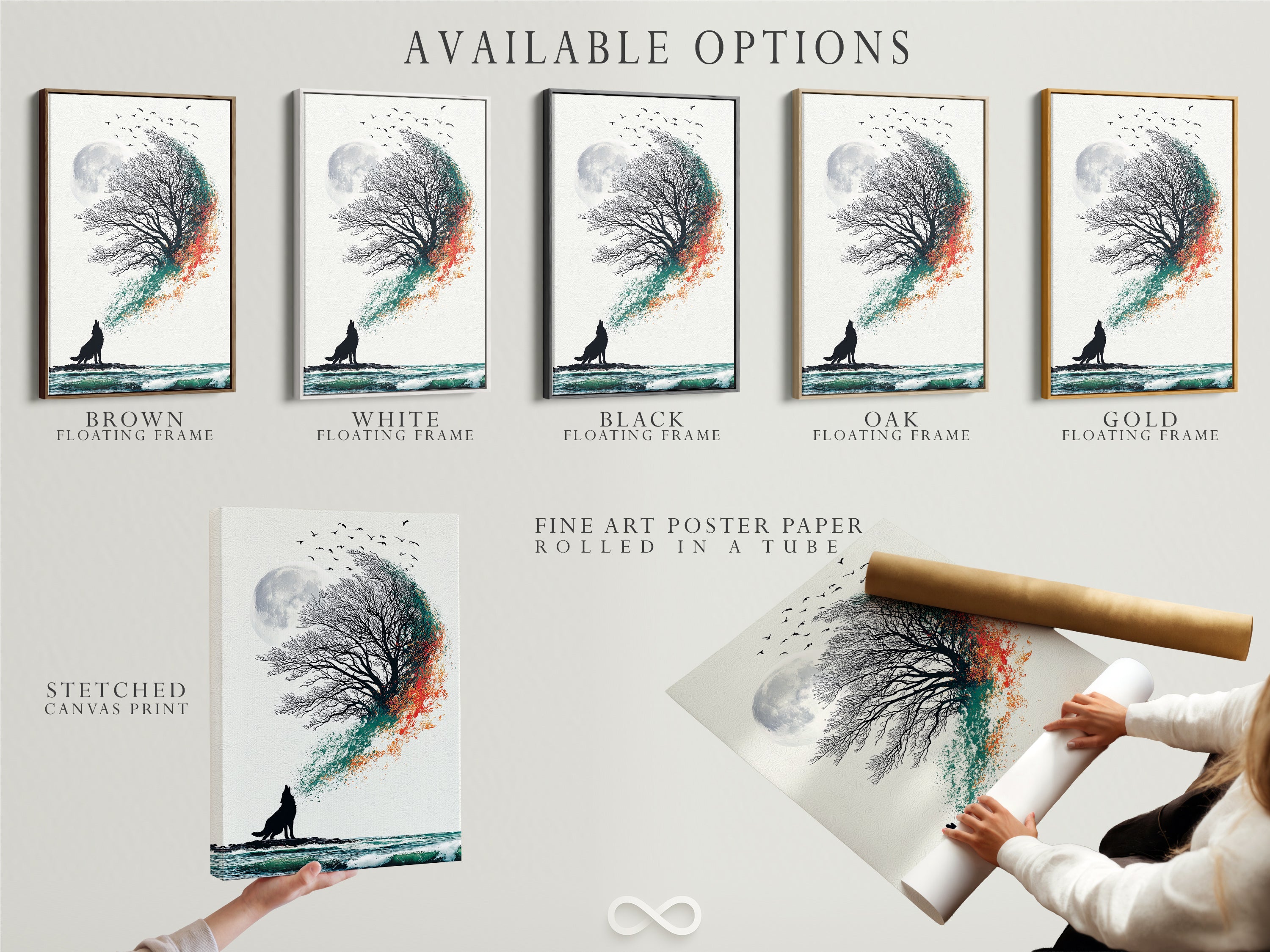 Here are available artwork options for your wolf and moon art. Choose from stretched canvas prints. Fine art poster paper is also available. Consider a floating frame for a modern look. Enhance your coastal wall art. Perfect for teal and orange decor.