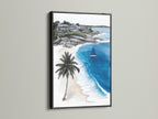 The black frame contrasts beautifully with this coastal beach artwork. The tropical ocean artwork features a sailboat print. This sea view art is striking in a black frame. Add a touch of nautical wall art to your beach house decor with this artwork.
