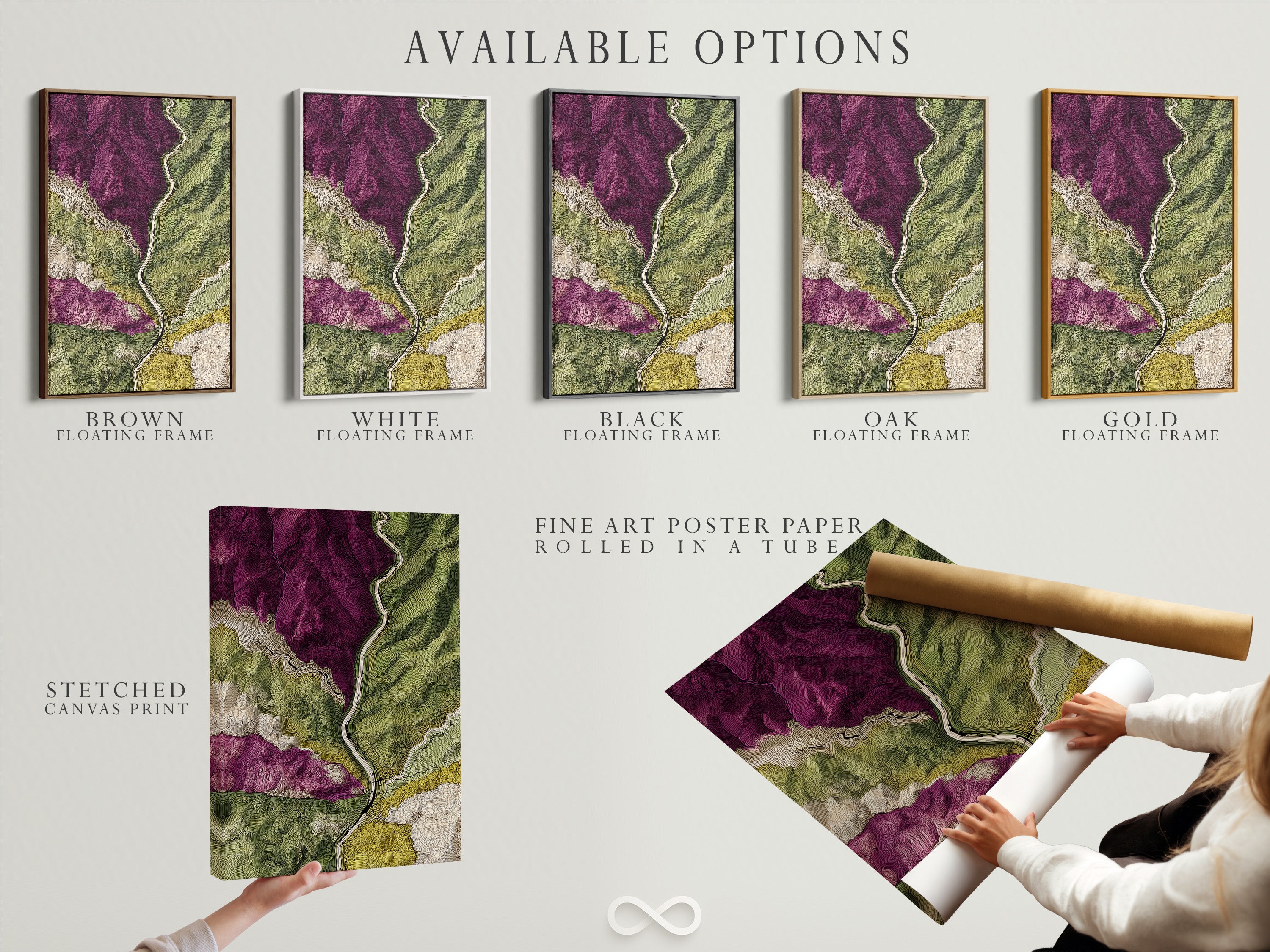 Available options are showcased: stretched canvas print fine art poster paper and floating frame. Choose the perfect format for your artwork. Each option offers a unique way to display art. Select the style that best suits your taste. Enhance your home with our versatile options.