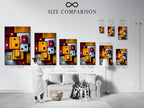 A size comparison chart displayed in a room setting. Visualize the impact of this geometric art on your wall. Choose the perfect size for your abstract print or modern canvas art. Enhance your home decor with vibrant artwork.