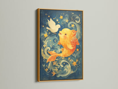 The Celestial Goldfish artwork gains an elegant touch with a gold frame. This nautical print makes a stunning addition to a nursery or kids room. It brings warmth and charm with its whimsical starry artwork. The gold frame enhances the artwork adding a luxurious and sophisticated flair.