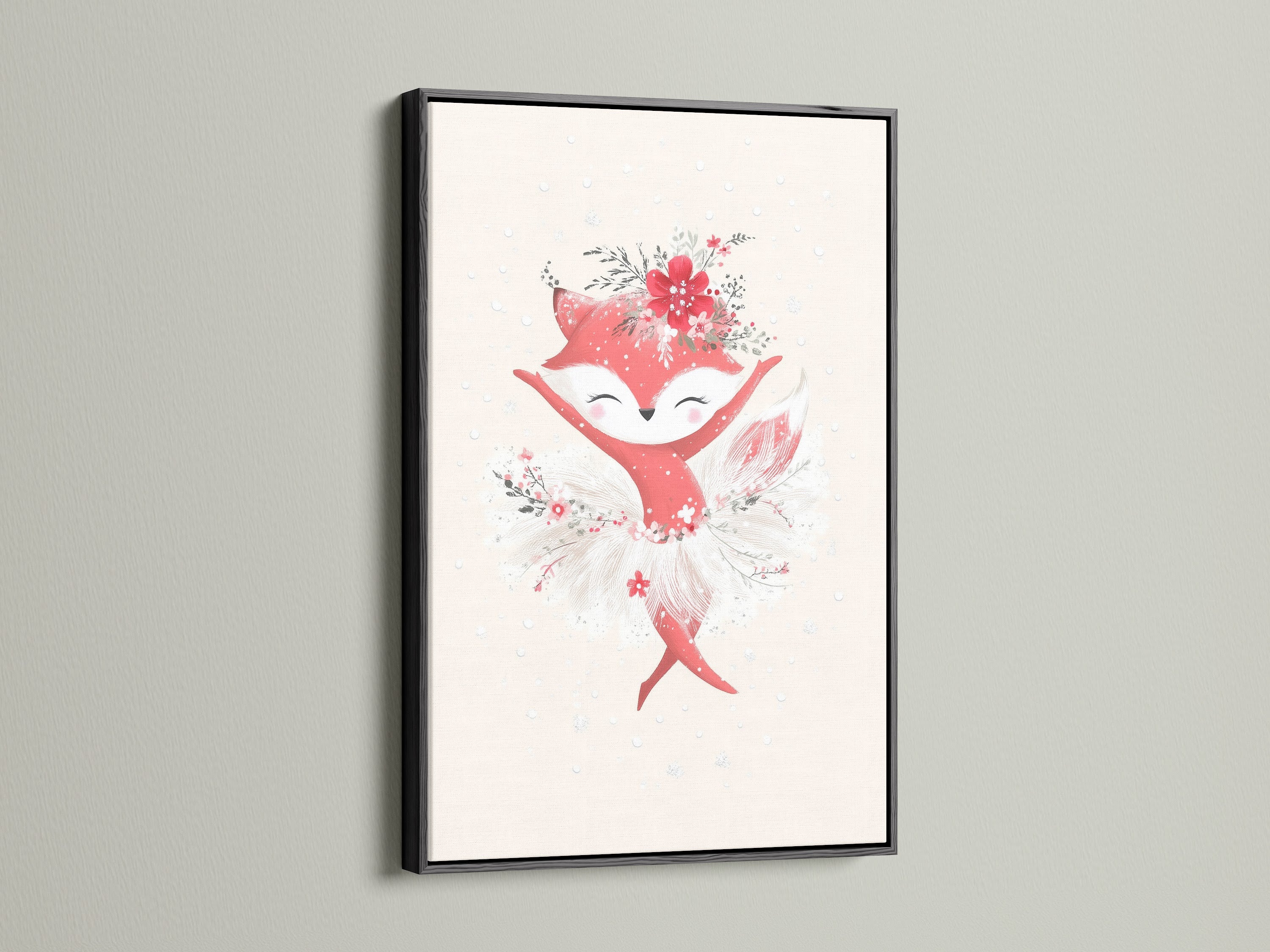 A stylish black frame highlights this adorable fox ballerina artwork. The animal art print serves as unique nursery wall decor. This ballet poster adds a touch of elegance to baby girl gifts and kids' room artwork. The black frame is a bold contrast to the soft pink and coral tones of the art.