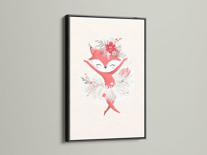 A stylish black frame highlights this adorable fox ballerina artwork. The animal art print serves as unique nursery wall decor. This ballet poster adds a touch of elegance to baby girl gifts and kids' room artwork. The black frame is a bold contrast to the soft pink and coral tones of the art.