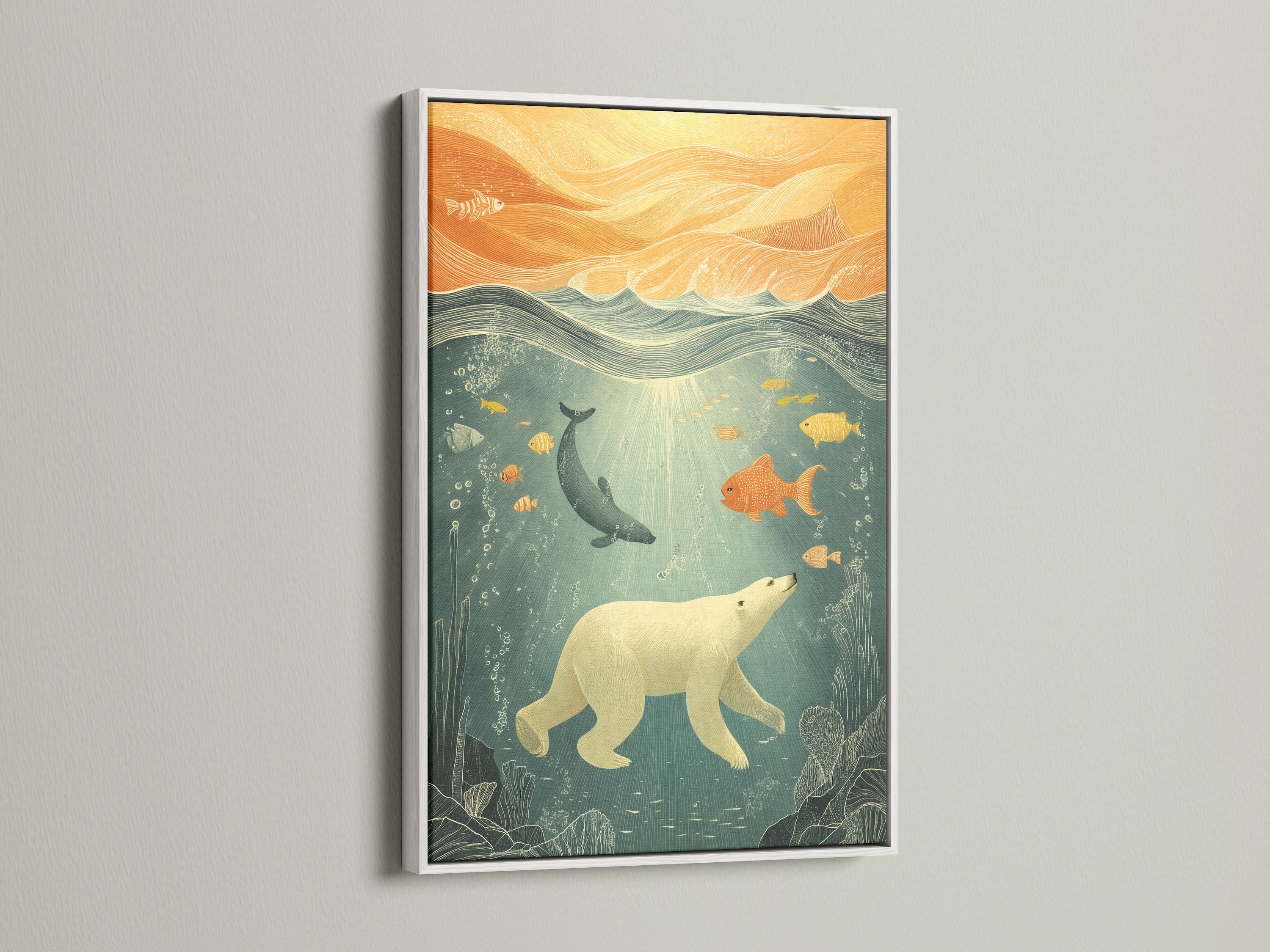 Ocean Wildlife Canvas Print in a white frame. This artwork adds a touch of aquatic charm to any space. Ideal for kids room wall art or nursery wall decor. The print features a polar bear underwater surrounded by fish. The art's coastal style uses blue and orange.