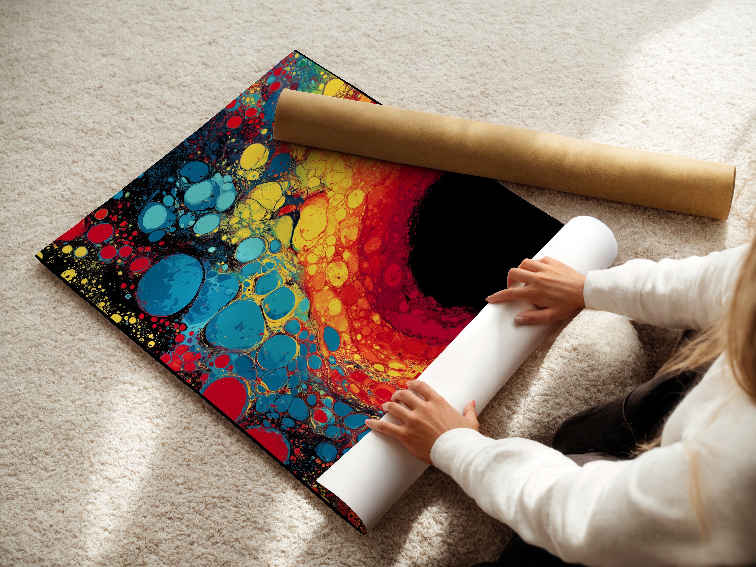 A woman carefully rolls a fine art poster paper. She prepares it for framing or display. High-quality paper enhances the artwork's texture and detail. This ensures a professional presentation of your prints.