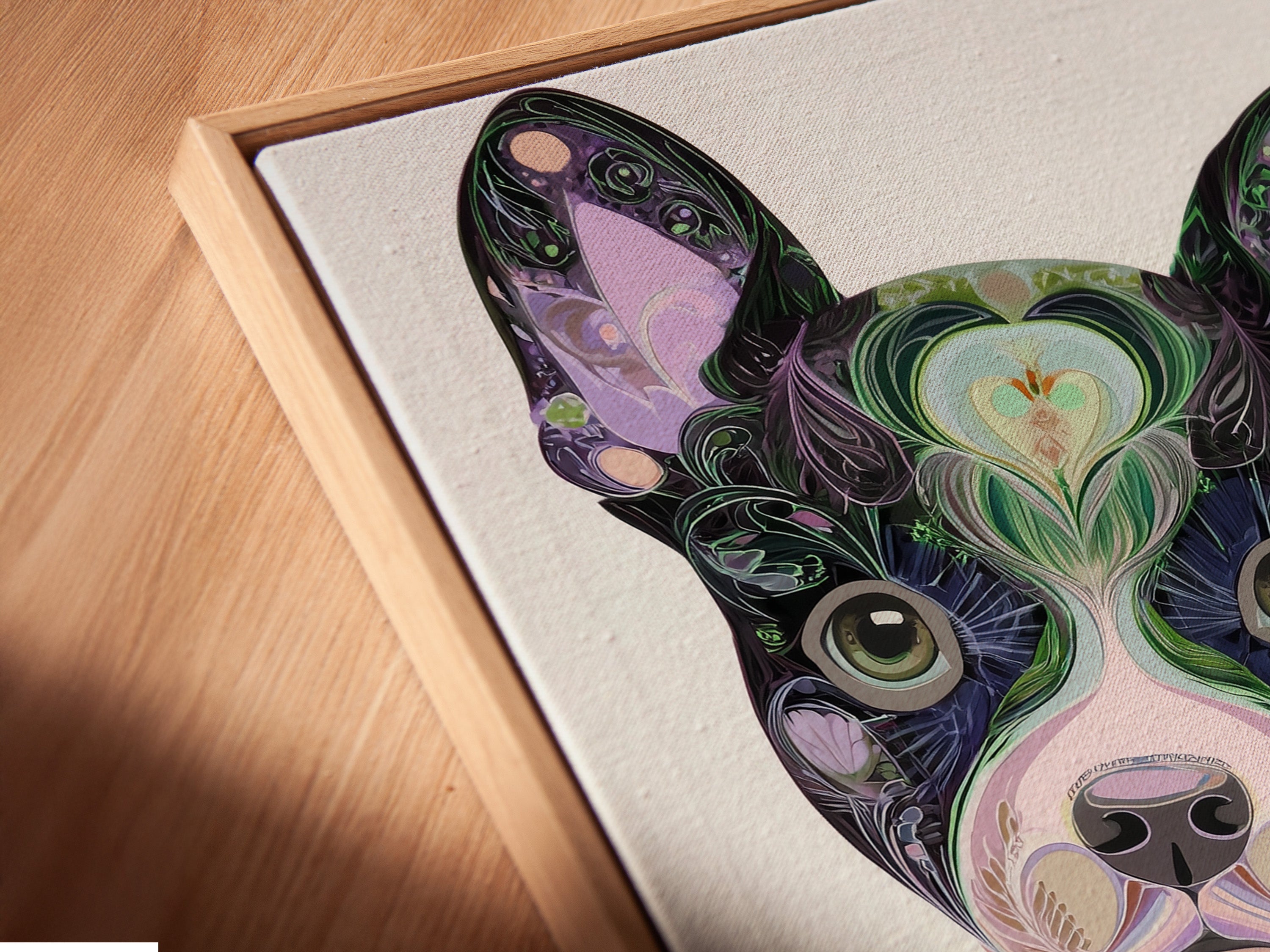 A close up view of a canvas print in a floating frame. The artwork features a colorful French Bulldog. The psychedelic pet portrait is vibrant. It's a great piece for bedroom decor and a unique Frenchie art gift.