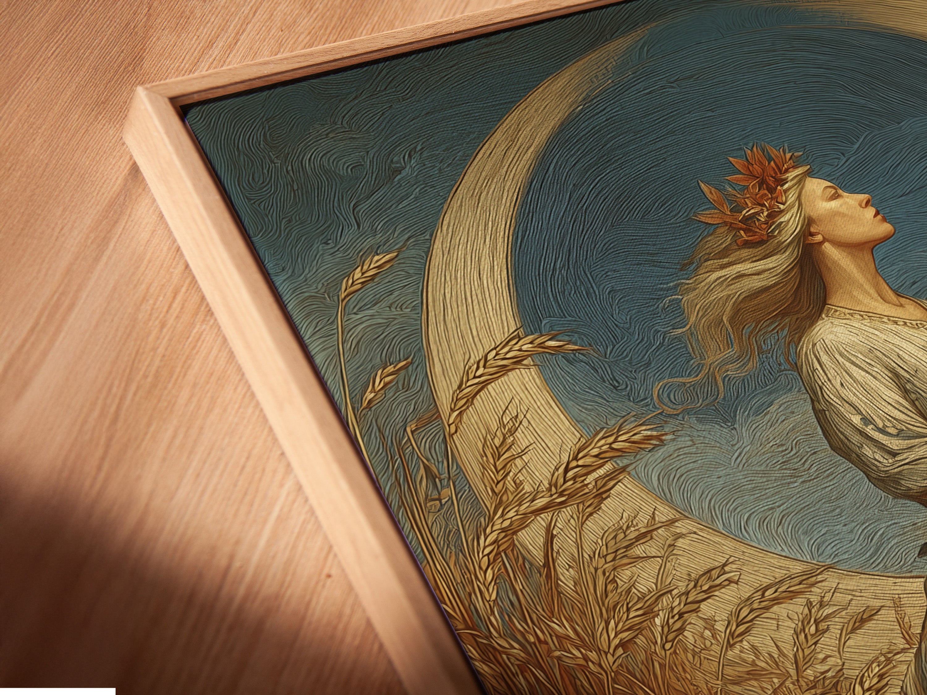 A close-up shows a canvas print in a floating frame. The floating frame creates a unique visual effect. The canvas print appears to float within the frame. This frame style adds depth and dimension. It offers a contemporary presentation of art.