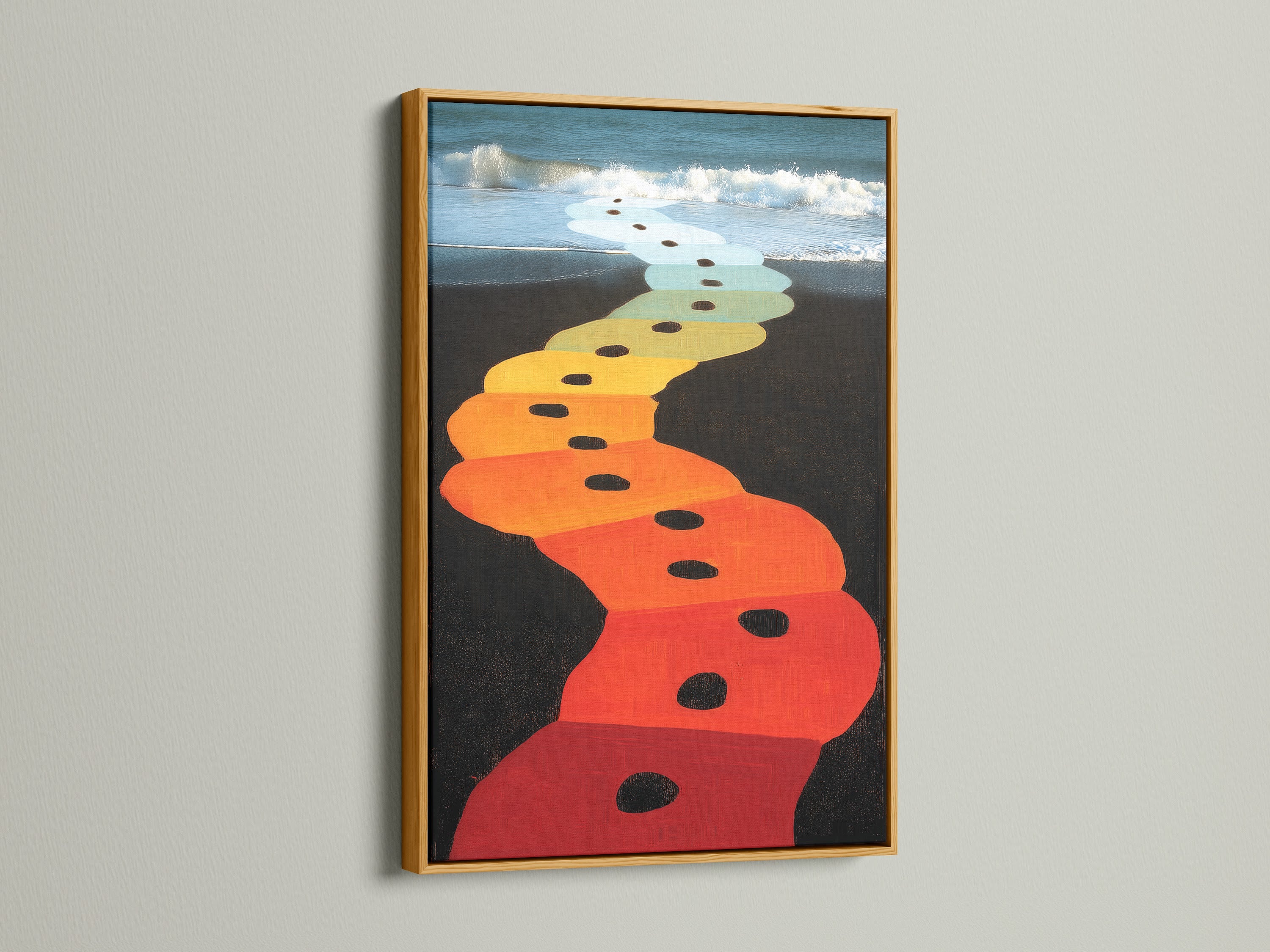 The gold frame highlights the colorful beach path artwork. This piece adds a touch of luxury and style to any space. The gold frame complements the artwork's vibrant colors. It brings a sense of elegance to living rooms and offices. Perfect for those seeking elevated wall art.