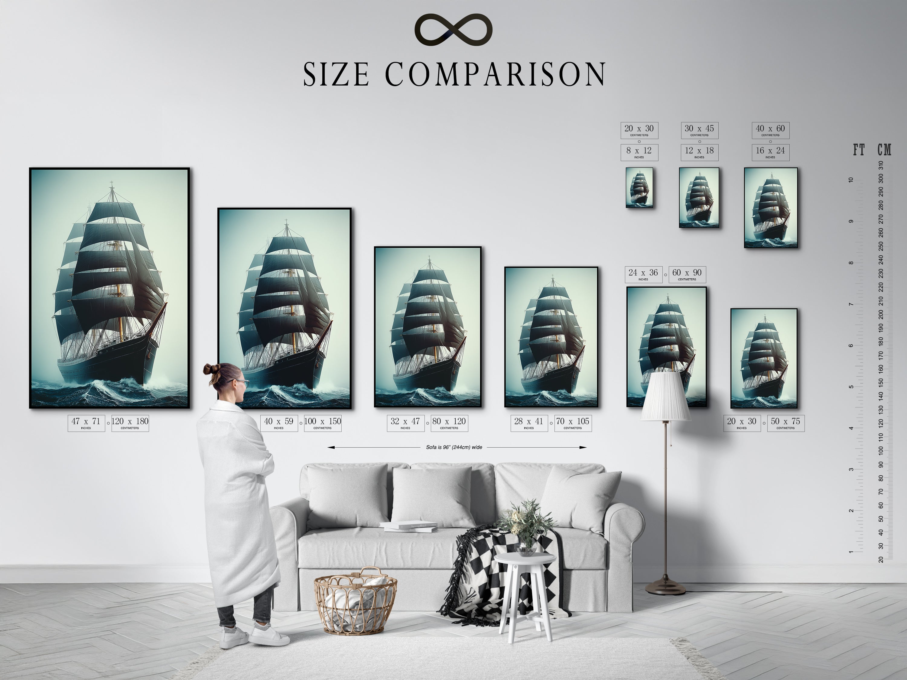 Size comparison chart in an interior setting. It shows various sizes of the sailing ship artwork. This helps visualize the art in different spaces. Choose the perfect size for your home or office.